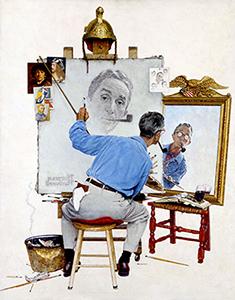 man painting himself while looking in the mirror